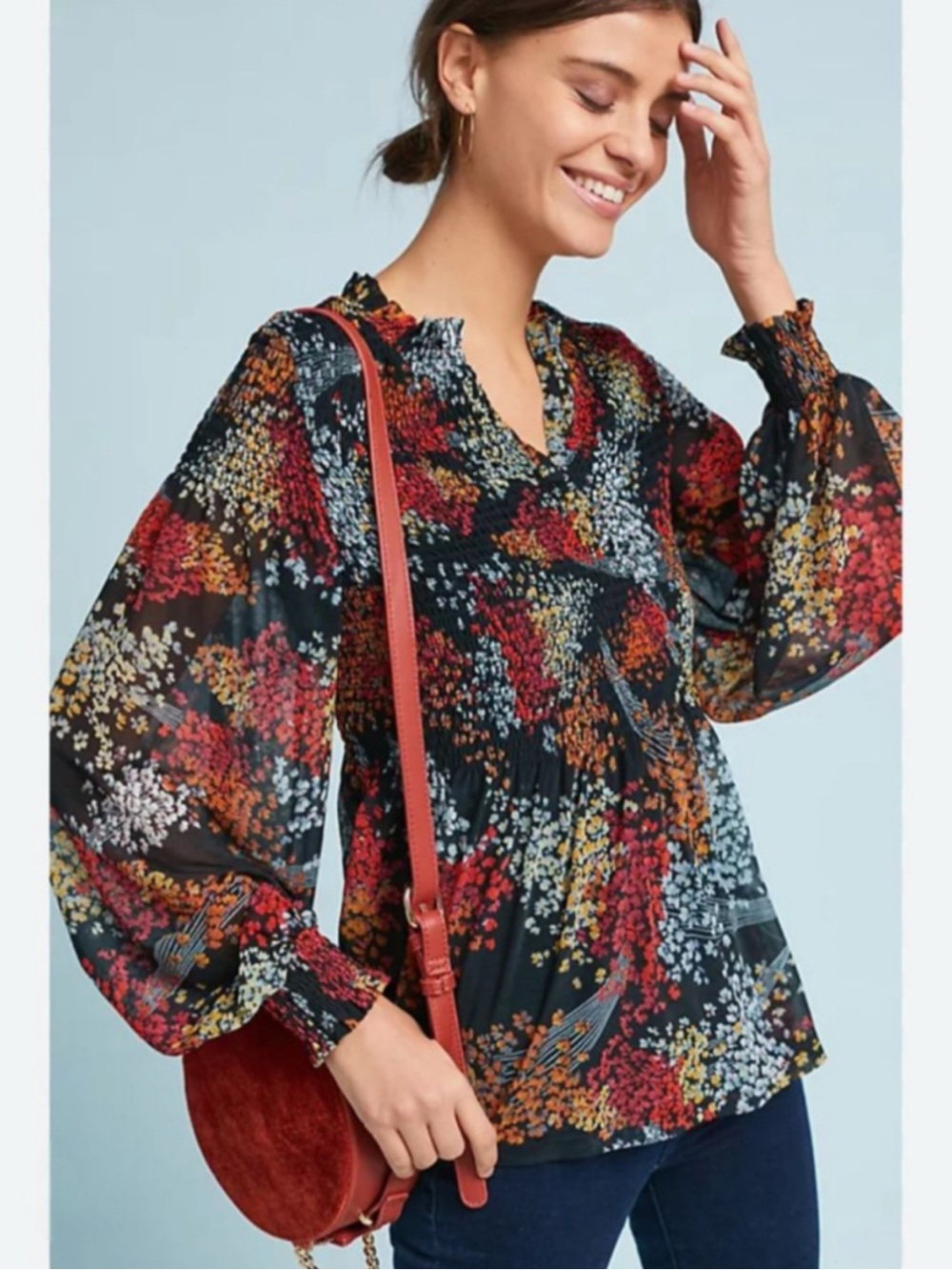Anthropologie size XS AKEMI & KIN Floral Smocked Peasant Blouse - Black Multi